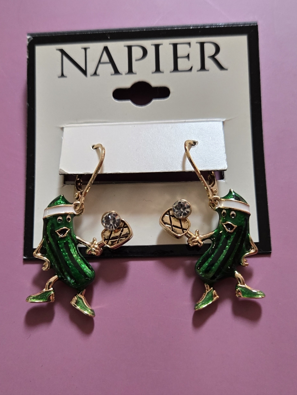 Napier Green Enamel Pickle Dangle Earrings with Gold Accents - Picture 5 of 6